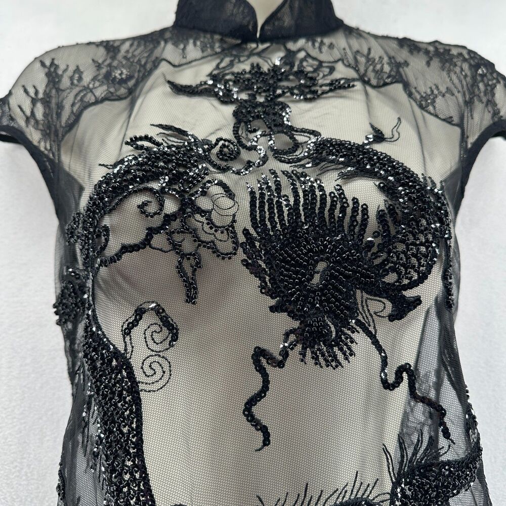 Kim Shui Beaded Dragon Lace Top Size M Black Sheer Mesh Y2K Style Open Back Tie - Picture 6 of 16